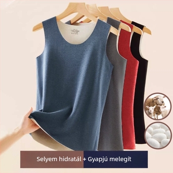 Meleg gyapjú-selyem mellény, kétoldalas melírozott anyag, fleece-belső, kerek nyakú pulóver-stílusú aláöltözet, 201-250 g/m², 90-95% poliészter.