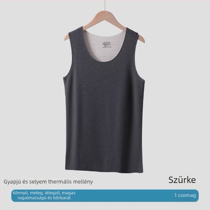 Meleg gyapjú-selyem mellény, kétoldalas melírozott anyag, fleece-belső, kerek nyakú pulóver-stílusú aláöltözet, 201-250 g/m², 90-95% poliészter.