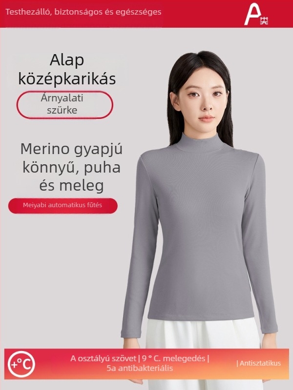 Női gyapjú meleg alapréteg felső fél magas gallér, hosszú ujjú, vastag anyag 251–300 g/m², antibakteriális