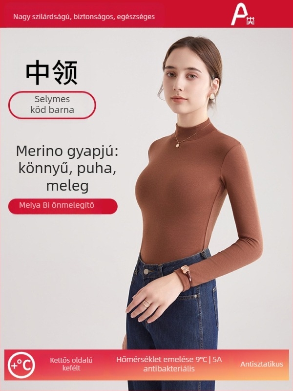 Női gyapjú meleg alapréteg felső fél magas gallér, hosszú ujjú, vastag anyag 251–300 g/m², antibakteriális