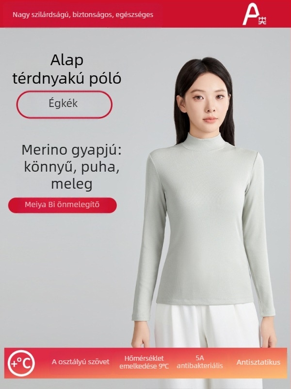 Női gyapjú meleg alapréteg felső fél magas gallér, hosszú ujjú, vastag anyag 251–300 g/m², antibakteriális