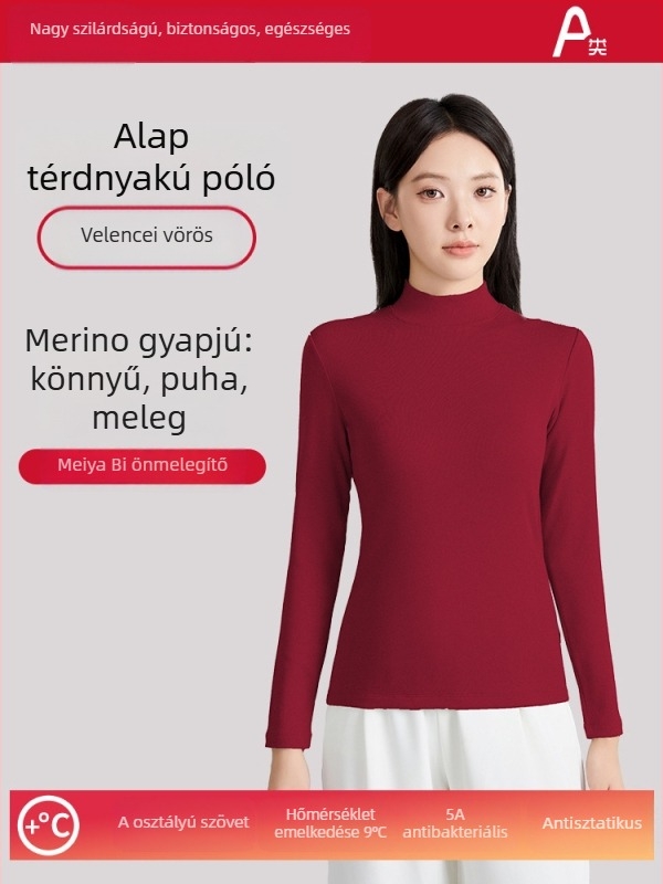 Női gyapjú meleg alapréteg felső fél magas gallér, hosszú ujjú, vastag anyag 251–300 g/m², antibakteriális