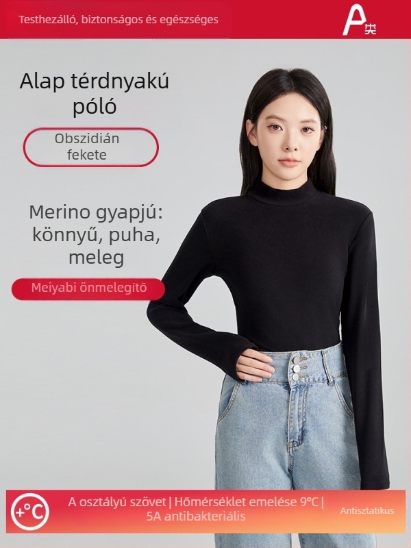 Női gyapjú meleg alapréteg felső fél magas gallér, hosszú ujjú, vastag anyag 251–300 g/m², antibakteriális