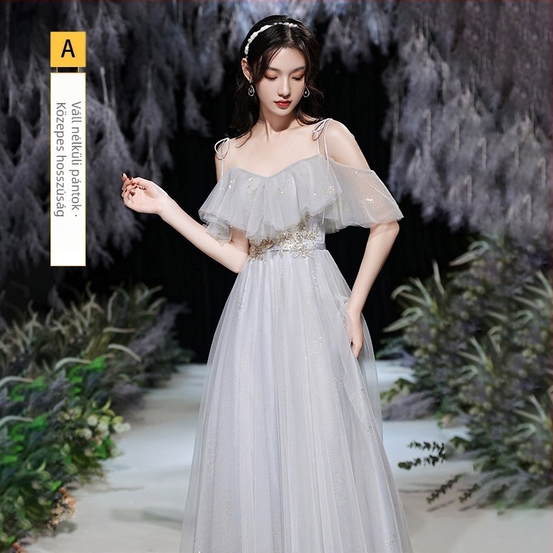 Koszorúslány ruha mély V-nyakkal, hosszú ujjú, derék középvonalon, hosszú szoknya