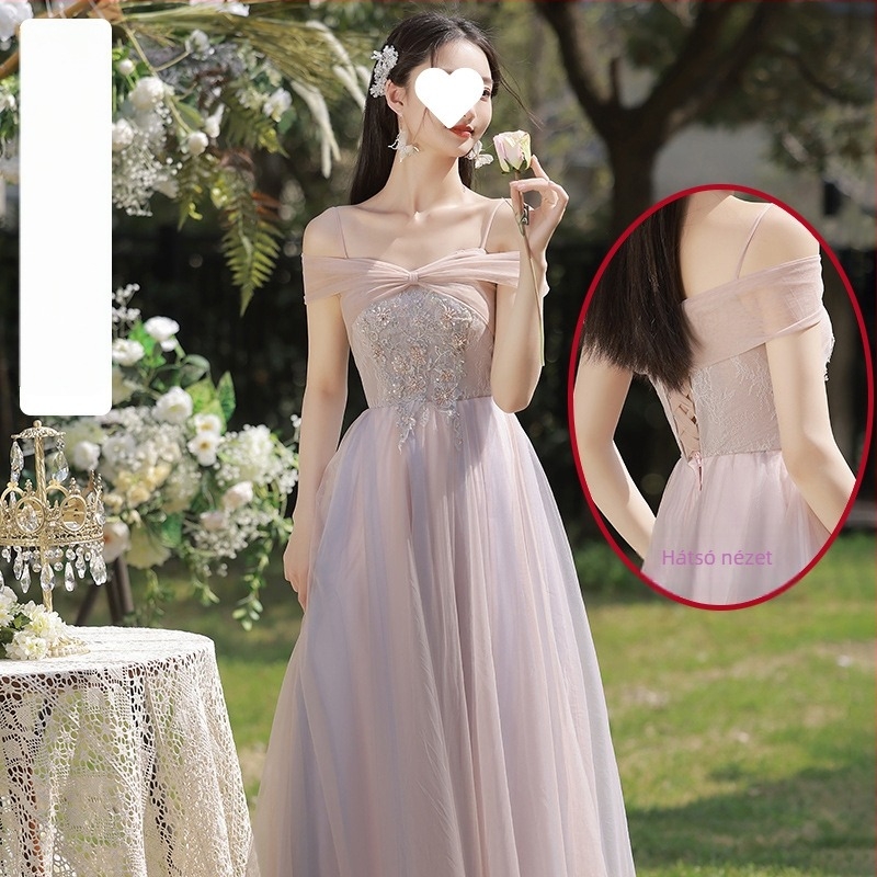 Koszorúslány ruha, organza triacetátból, magas derék, hosszú fazon, rövidujjú