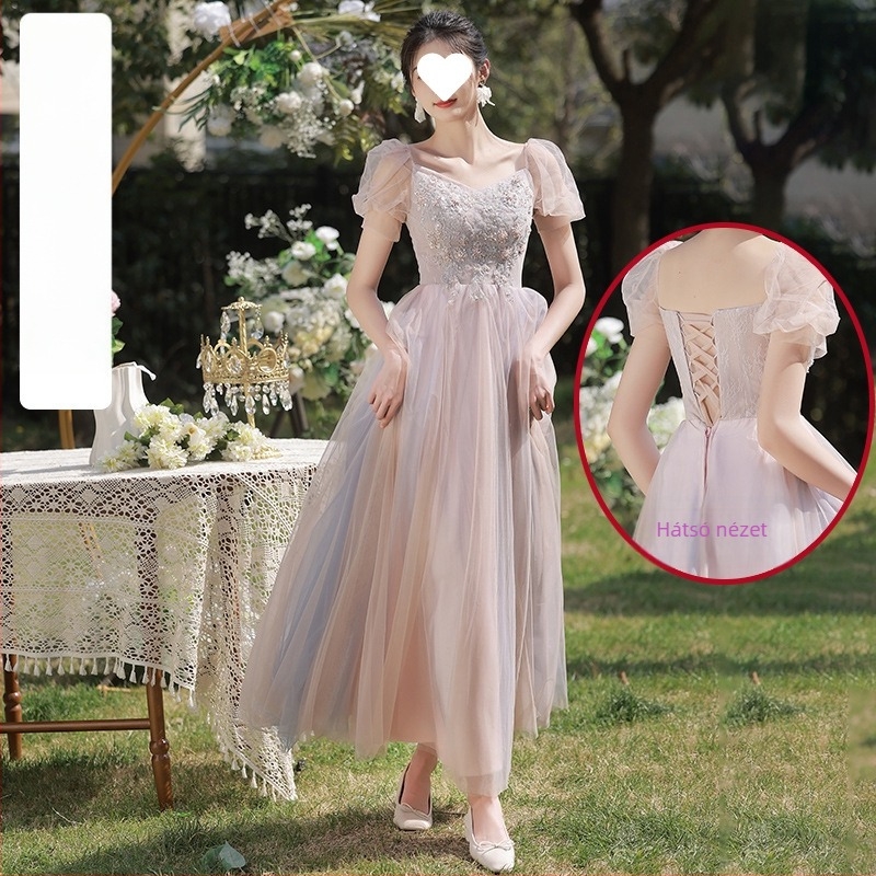 Koszorúslány ruha, organza triacetátból, magas derék, hosszú fazon, rövidujjú