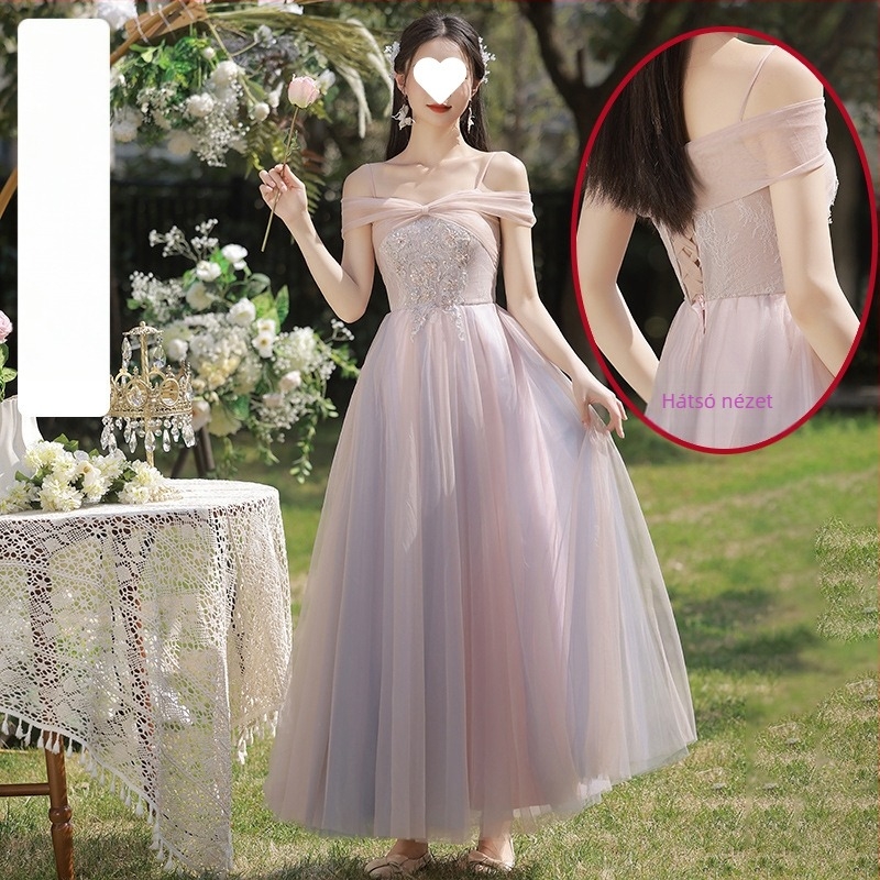 Koszorúslány ruha, organza triacetátból, magas derék, hosszú fazon, rövidujjú