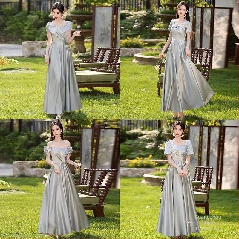 Koszorúslány ruha, szatén, puffos szoknya, U-nyakú, ultra alacsony derék, hosszú ruha