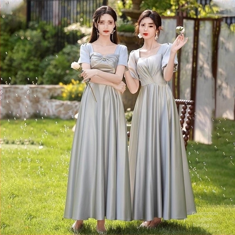 Koszorúslány ruha, szatén, puffos szoknya, U-nyakú, ultra alacsony derék, hosszú ruha