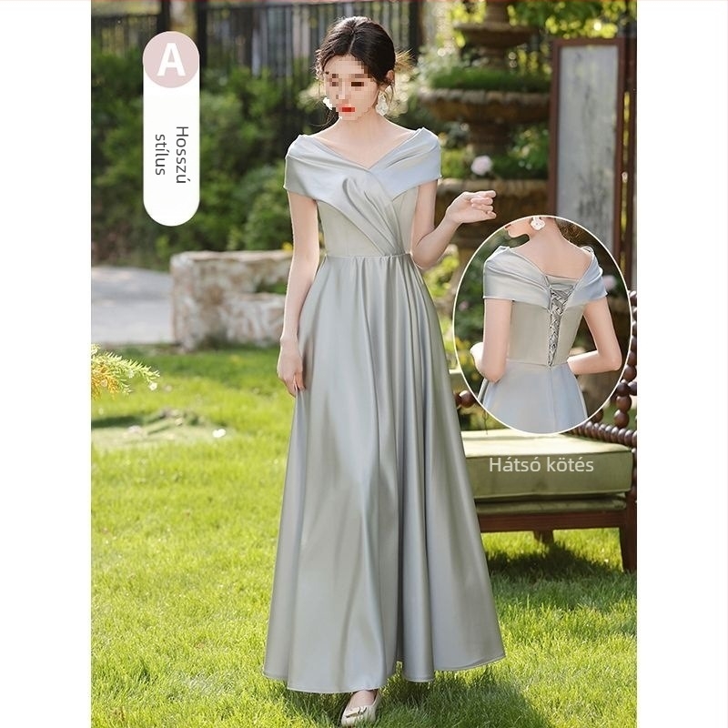 Koszorúslány ruha, szatén, puffos szoknya, U-nyakú, ultra alacsony derék, hosszú ruha