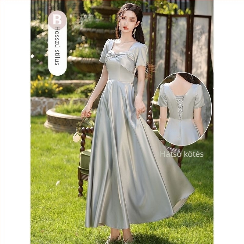 Koszorúslány ruha, szatén, puffos szoknya, U-nyakú, ultra alacsony derék, hosszú ruha