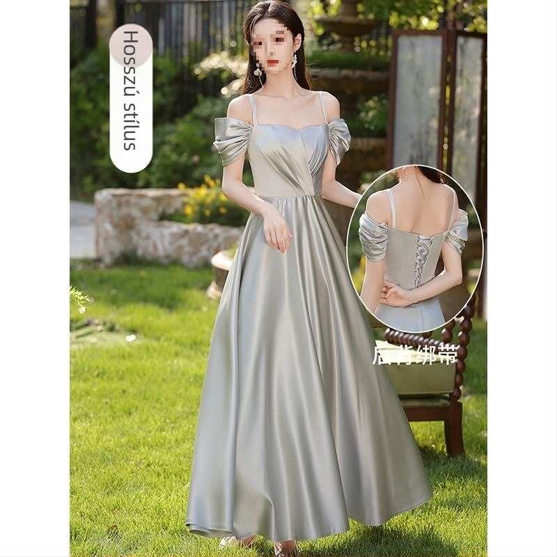 Koszorúslány ruha, szatén, puffos szoknya, U-nyakú, ultra alacsony derék, hosszú ruha