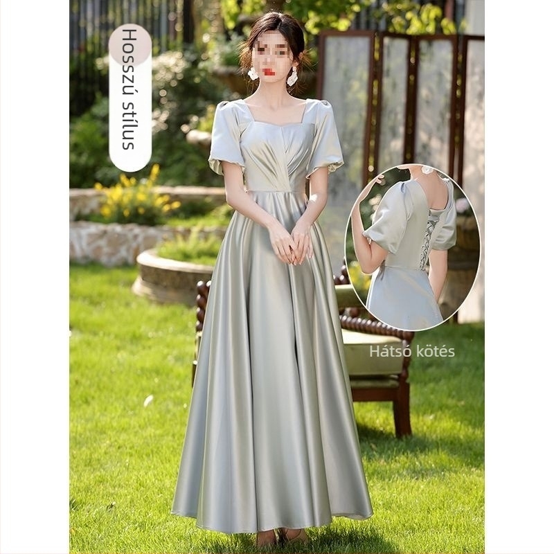 Koszorúslány ruha, szatén, puffos szoknya, U-nyakú, ultra alacsony derék, hosszú ruha