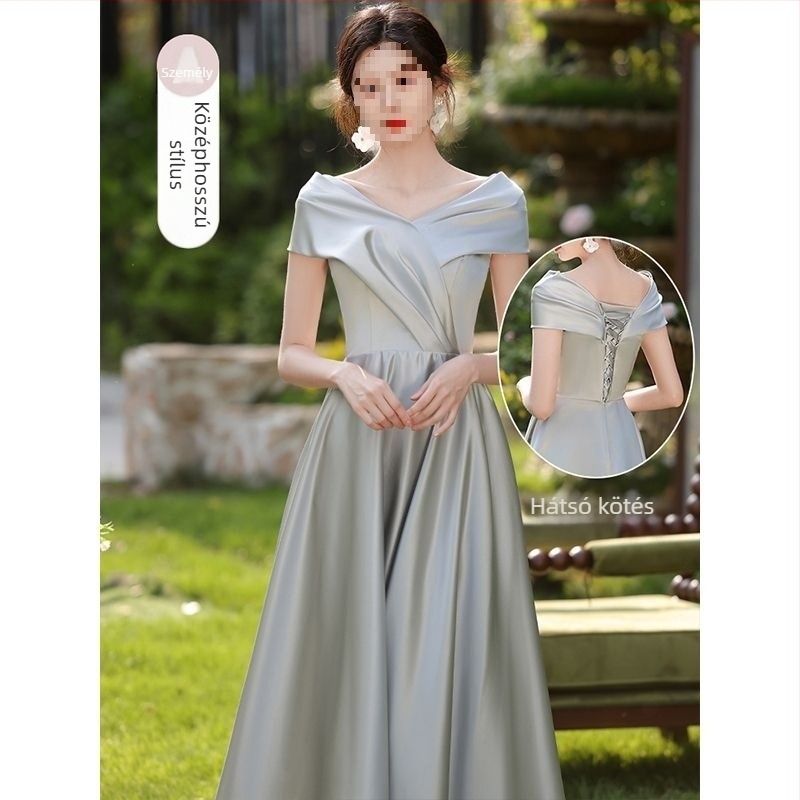 Koszorúslány ruha, szatén, puffos szoknya, U-nyakú, ultra alacsony derék, hosszú ruha