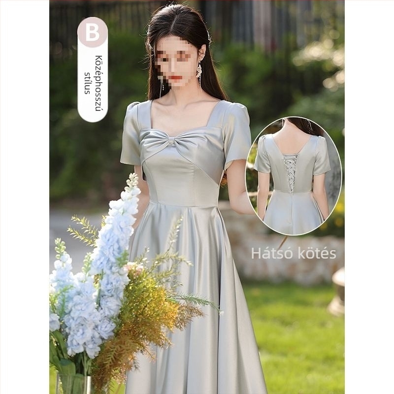 Koszorúslány ruha, szatén, puffos szoknya, U-nyakú, ultra alacsony derék, hosszú ruha