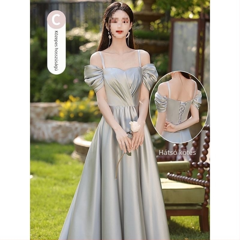 Koszorúslány ruha, szatén, puffos szoknya, U-nyakú, ultra alacsony derék, hosszú ruha