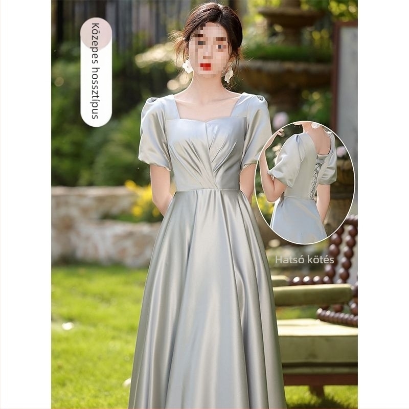 Koszorúslány ruha, szatén, puffos szoknya, U-nyakú, ultra alacsony derék, hosszú ruha