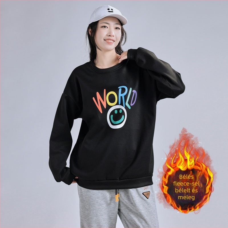 Női fleecével bélelt pulóver, kerek nyakú, lazán szabott, hosszú ujjú, poliészter