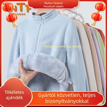 Kapucnis fleece kabát, csíkos mintázat, meleg és szélálló, poliészter bélés