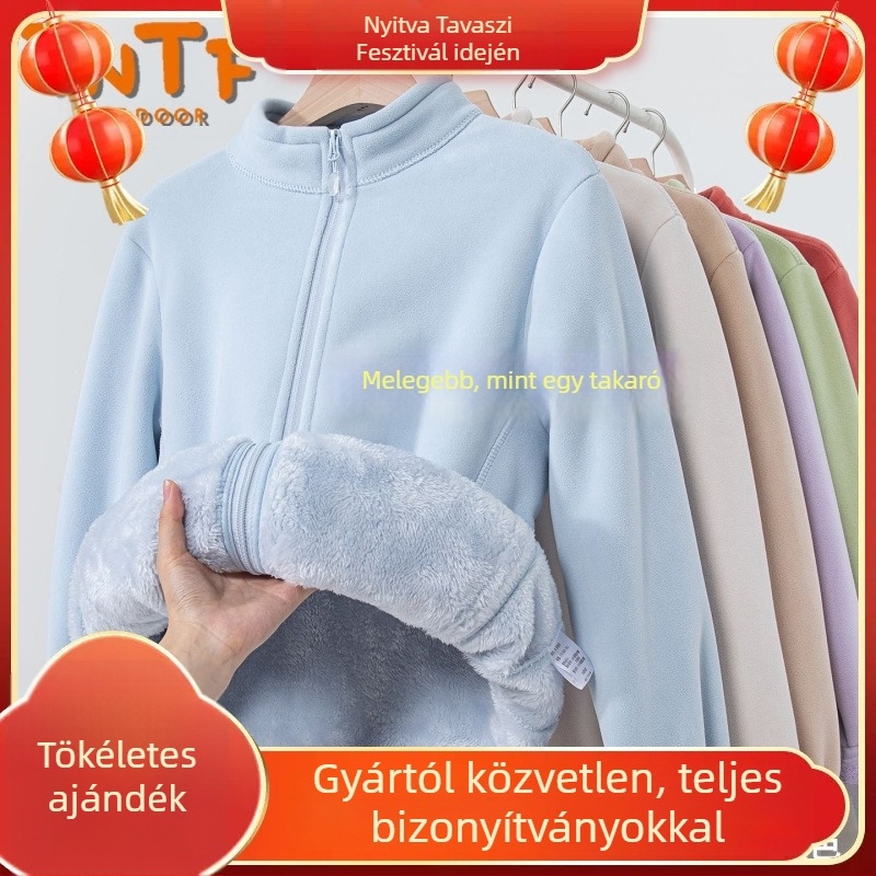 Kapucnis fleece kabát, csíkos mintázat, meleg és szélálló, poliészter bélés