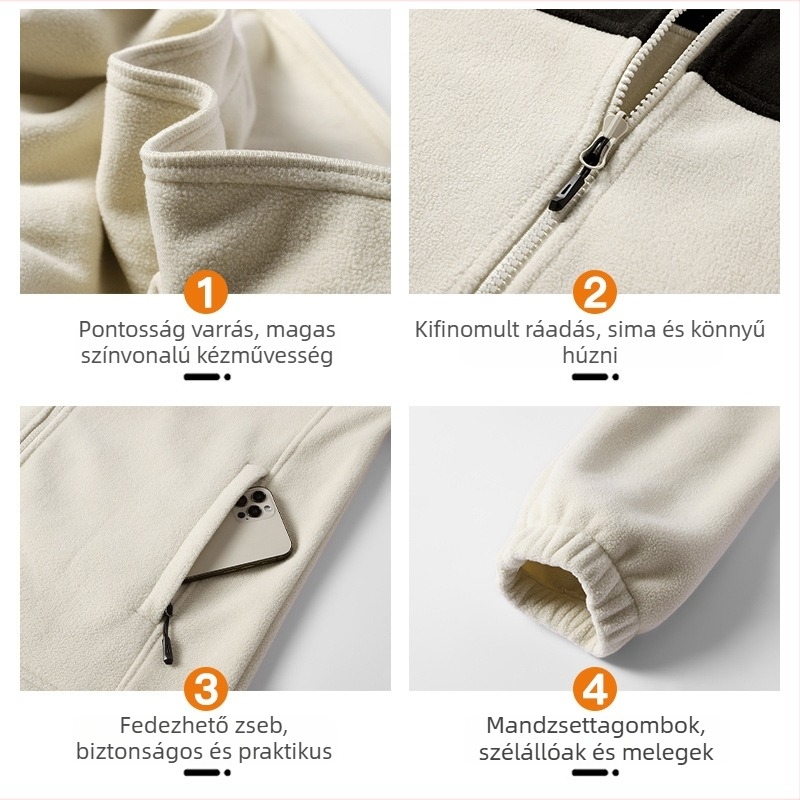 Polár fleece kabát egyszínű mintával, polár béléssel, anti‑statikus, 100% kasmír, uniszex, tél–ősz