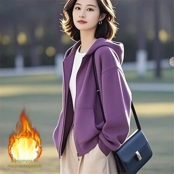 Női kapucnis cipzáros kardigán, pamut-poliészter keverék, minimalistás hétköznapi stílus, normál szabás, standard hossz