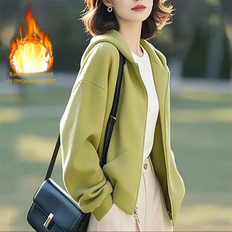 Női kapucnis cipzáros kardigán, pamut-poliészter keverék, minimalistás hétköznapi stílus, normál szabás, standard hossz