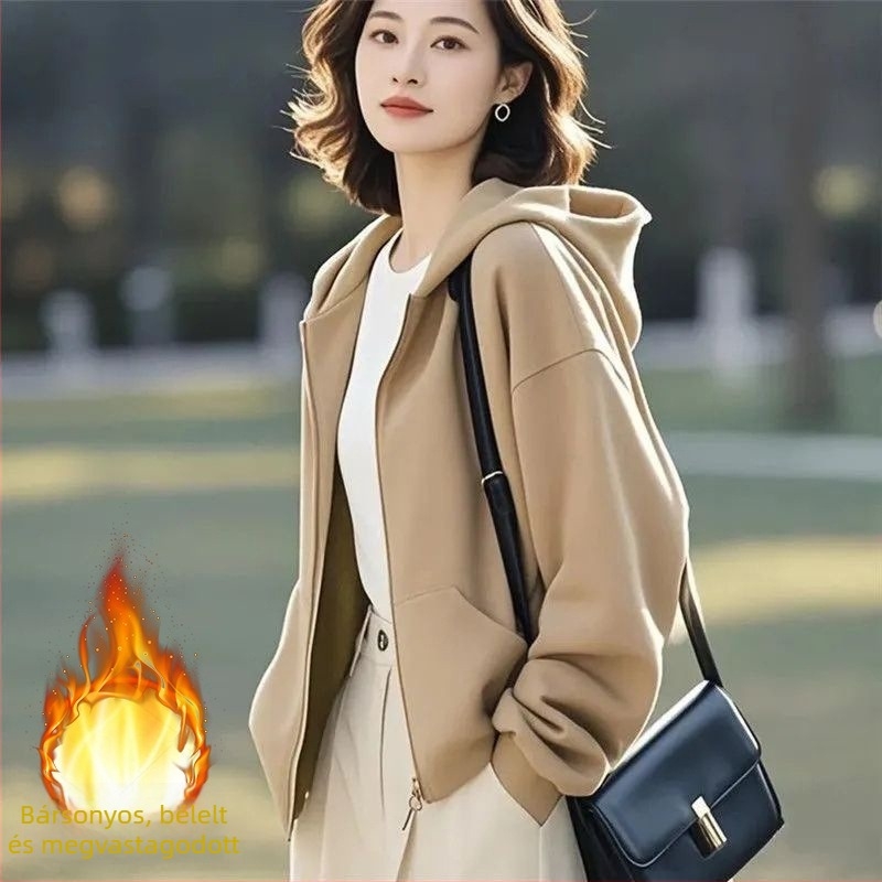 Női kapucnis cipzáros kardigán, pamut-poliészter keverék, minimalistás hétköznapi stílus, normál szabás, standard hossz