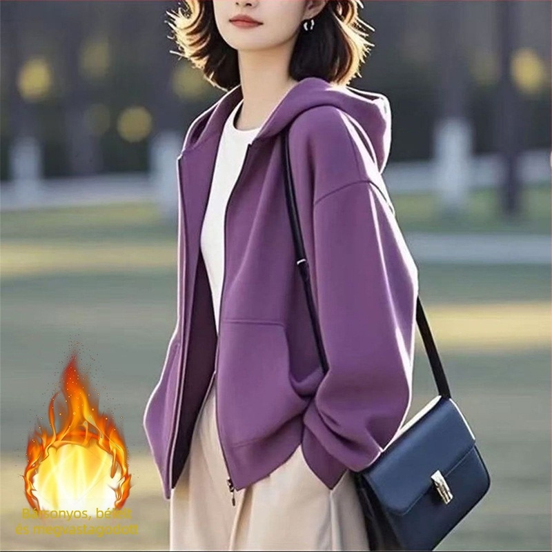 Női kapucnis cipzáros kardigán, pamut-poliészter keverék, minimalistás hétköznapi stílus, normál szabás, standard hossz