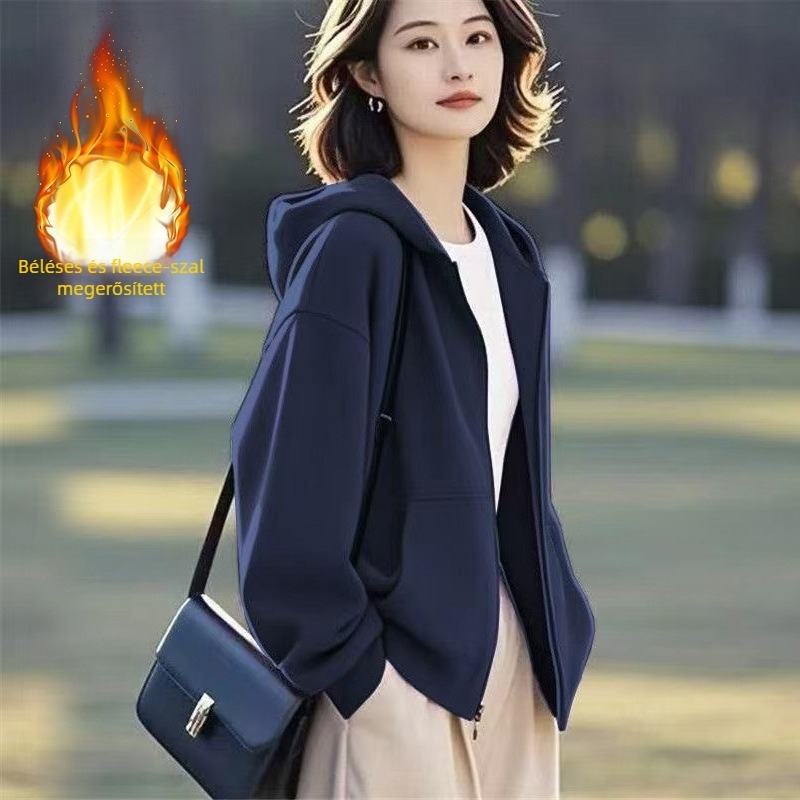 Női kapucnis cipzáros kardigán, pamut-poliészter keverék, minimalistás hétköznapi stílus, normál szabás, standard hossz