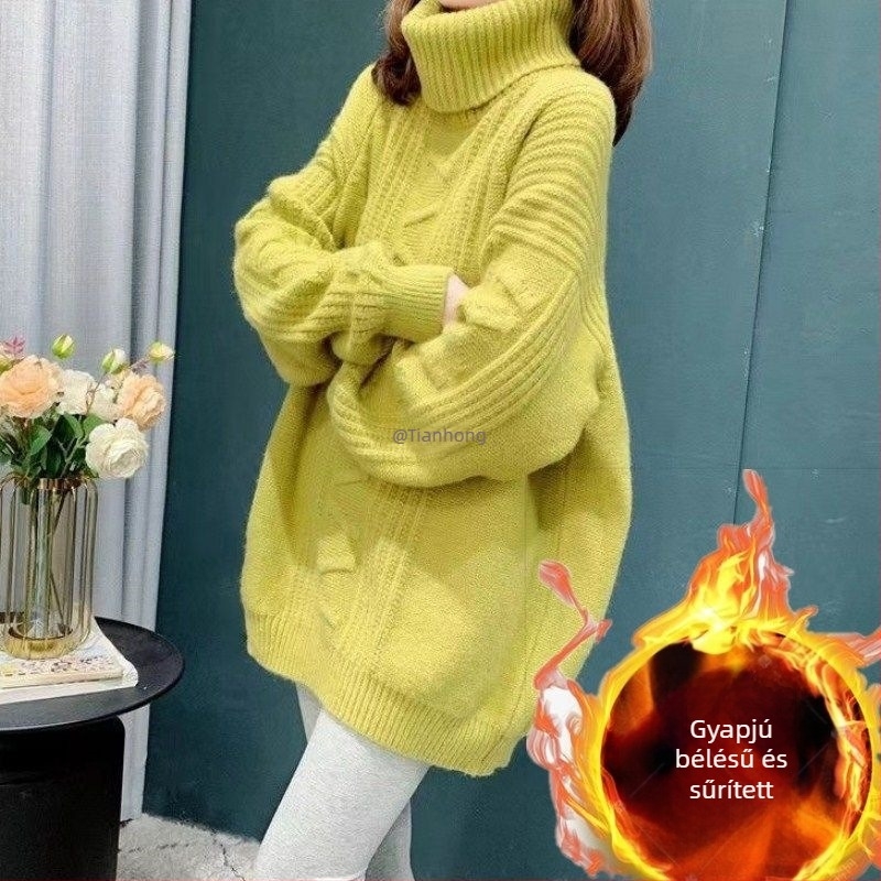 Női fleece-betétes, vastag, oversize pulóver, magas gallér, kábelmintás kötés, őszi-téli