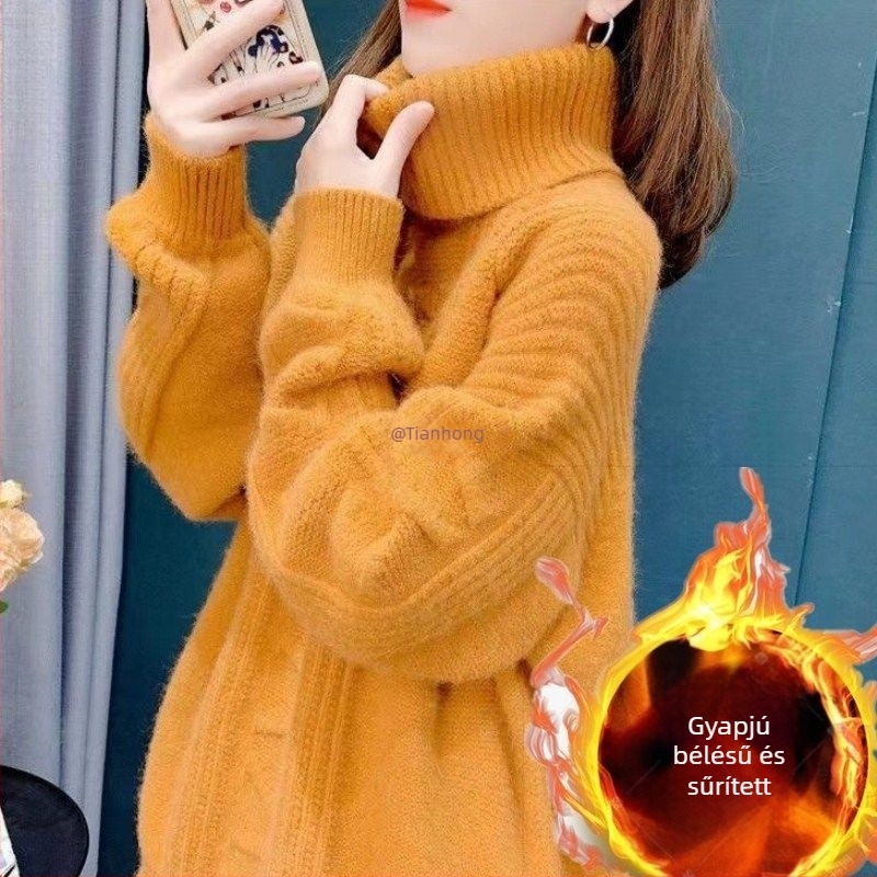 Női fleece-betétes, vastag, oversize pulóver, magas gallér, kábelmintás kötés, őszi-téli