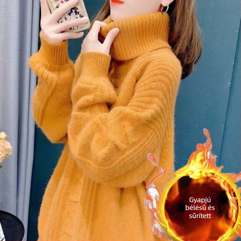 Női fleece-betétes, vastag, oversize pulóver, magas gallér, kábelmintás kötés, őszi-téli