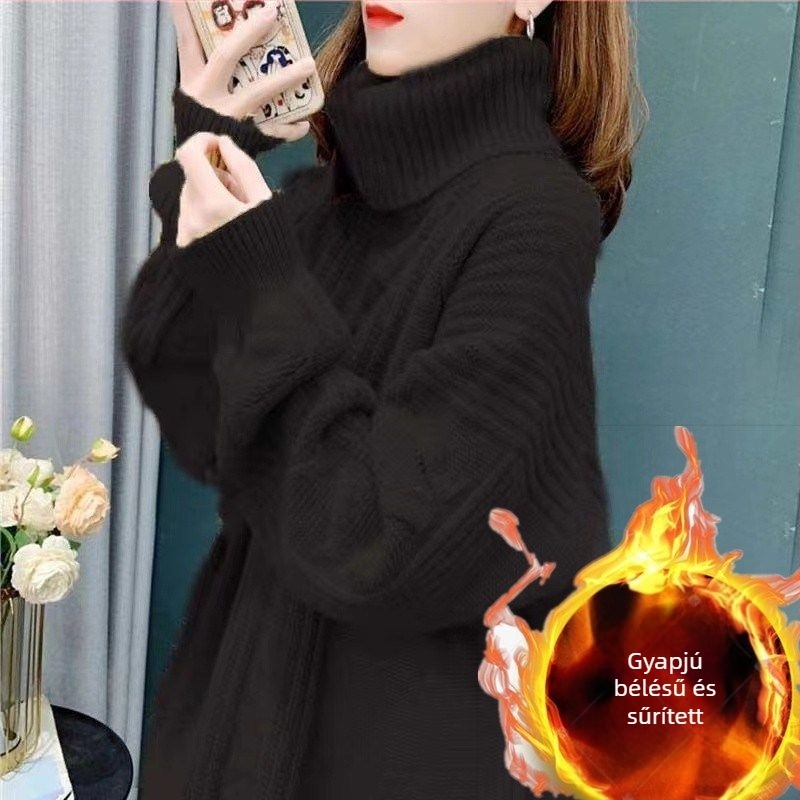 Női fleece-betétes, vastag, oversize pulóver, magas gallér, kábelmintás kötés, őszi-téli