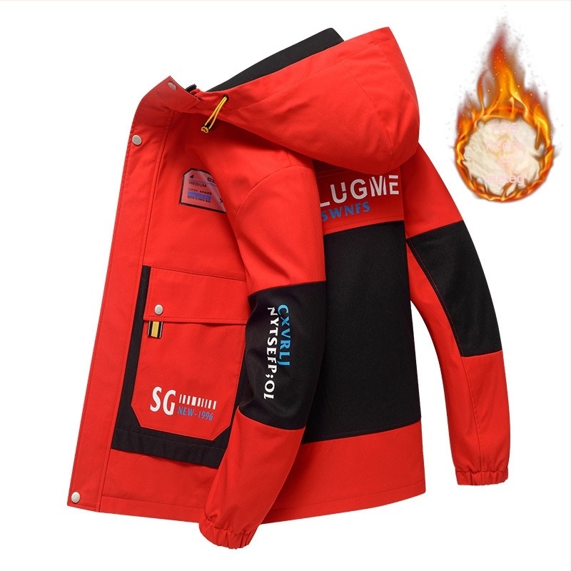 Férfi téli kapucnis kabát fleece-béléssel, laza szabású, cipzár elöl, szélvédett