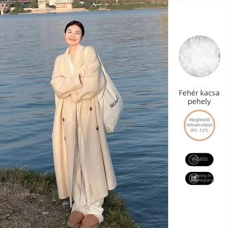 Női gyapjú kabát tollal bélelt — (Chenille anyag; spandex keverék; laza fazon; 3/4-es ujj; zakós gallér)