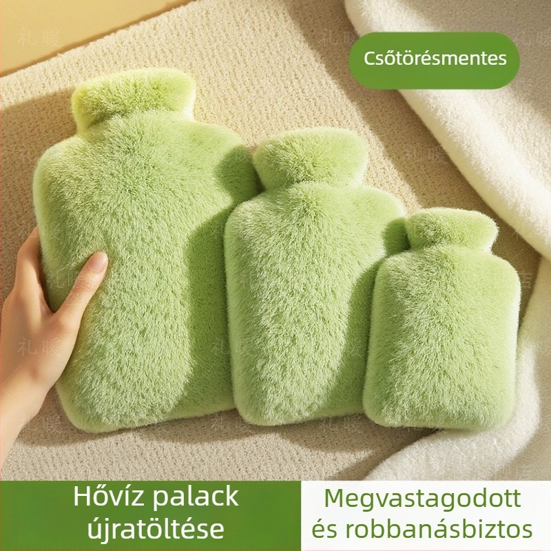 Vízmelegítő palack vízzel töltve, műnyúl plüss borítással, megerősített PVC belső réteg, fűtés vízzel történő töltéssel, meleg és hideg használat