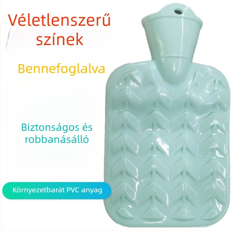 Vízmelegítő palack vízzel töltve, műnyúl plüss borítással, megerősített PVC belső réteg, fűtés vízzel történő töltéssel, meleg és hideg használat