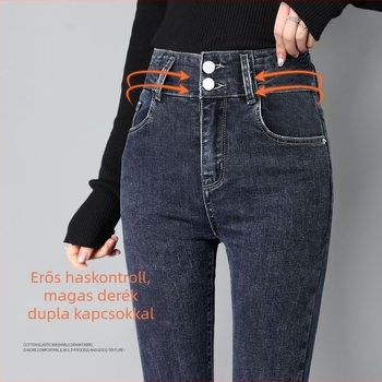 Női denim nadrág, magas derék, szűk ceruzaszárú fazon, cropped hossz, homokmosott felület (Denim; magas derék; ceruzaszárú; cropped; homokos mosás)