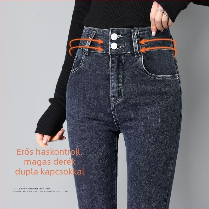 Női denim nadrág, magas derék, szűk ceruzaszárú fazon, cropped hossz, homokmosott felület (Denim; magas derék; ceruzaszárú; cropped; homokos mosás)