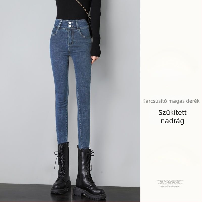 Női denim nadrág, magas derék, szűk ceruzaszárú fazon, cropped hossz, homokmosott felület (Denim; magas derék; ceruzaszárú; cropped; homokos mosás)