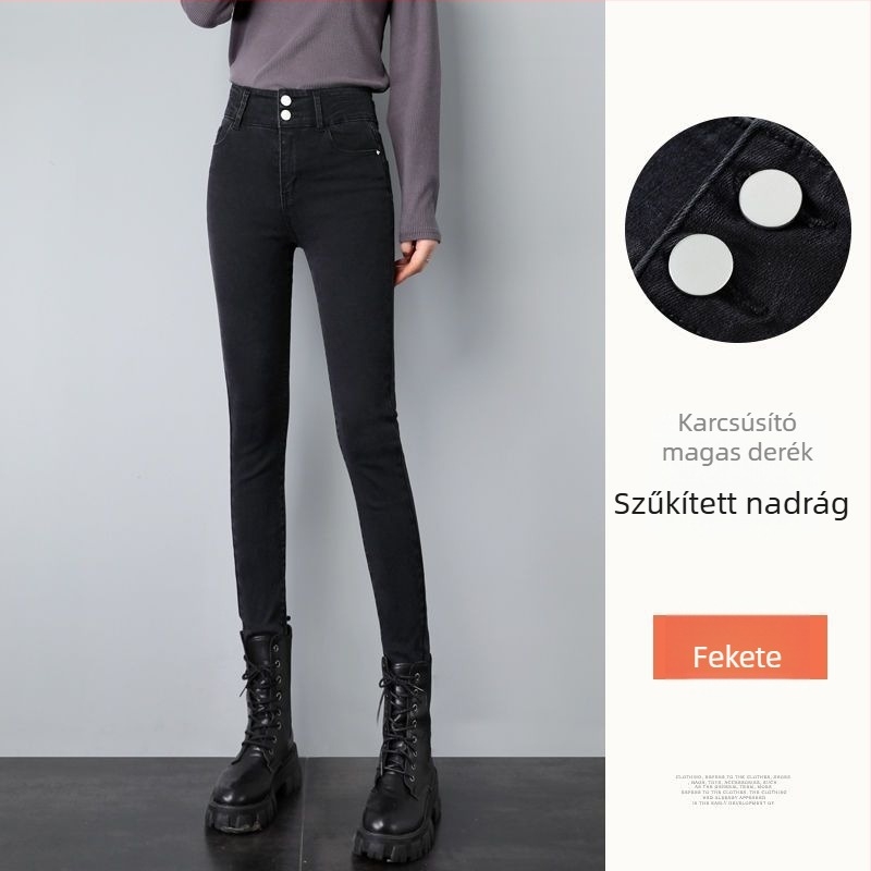 Női denim nadrág, magas derék, szűk ceruzaszárú fazon, cropped hossz, homokmosott felület (Denim; magas derék; ceruzaszárú; cropped; homokos mosás)