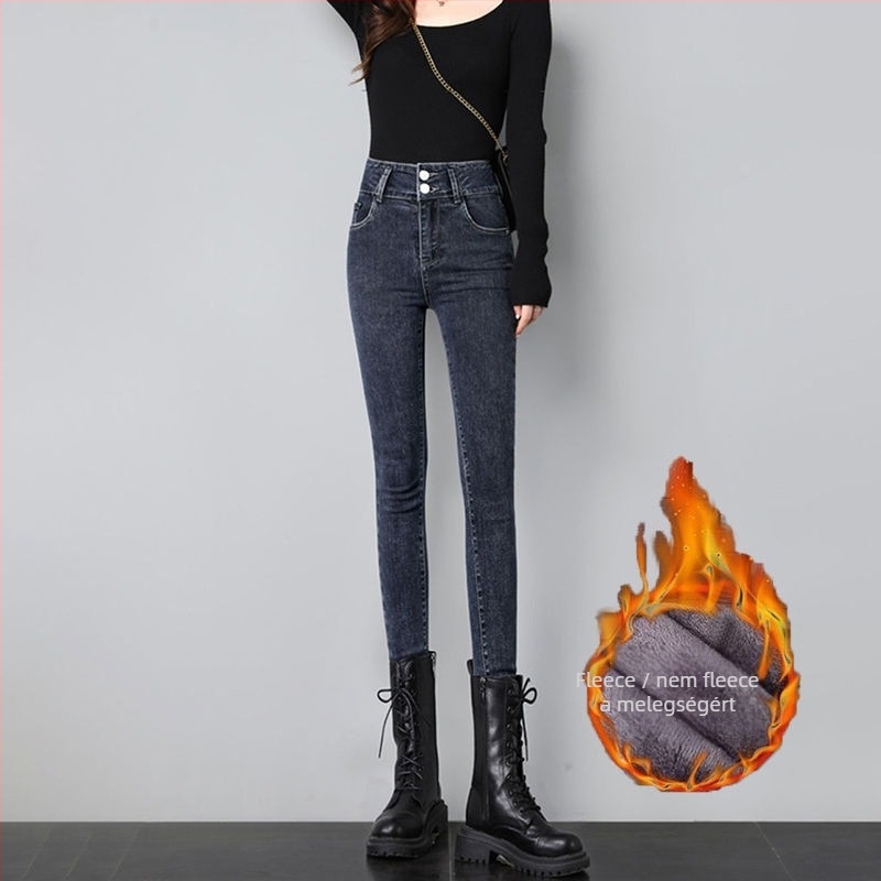 Női denim nadrág, magas derék, szűk ceruzaszárú fazon, cropped hossz, homokmosott felület (Denim; magas derék; ceruzaszárú; cropped; homokos mosás)
