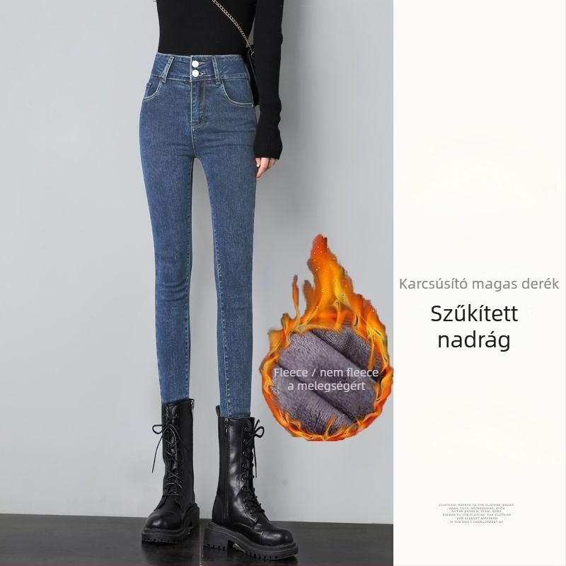 Női denim nadrág, magas derék, szűk ceruzaszárú fazon, cropped hossz, homokmosott felület (Denim; magas derék; ceruzaszárú; cropped; homokos mosás)