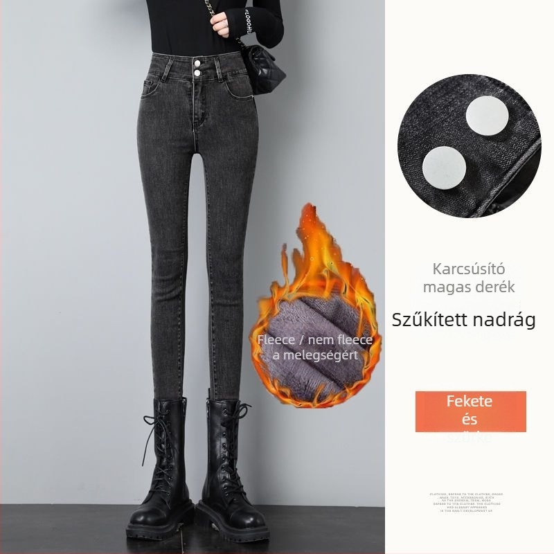 Női denim nadrág, magas derék, szűk ceruzaszárú fazon, cropped hossz, homokmosott felület (Denim; magas derék; ceruzaszárú; cropped; homokos mosás)