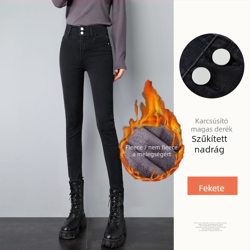 Női denim nadrág, magas derék, szűk ceruzaszárú fazon, cropped hossz, homokmosott felület (Denim; magas derék; ceruzaszárú; cropped; homokos mosás)