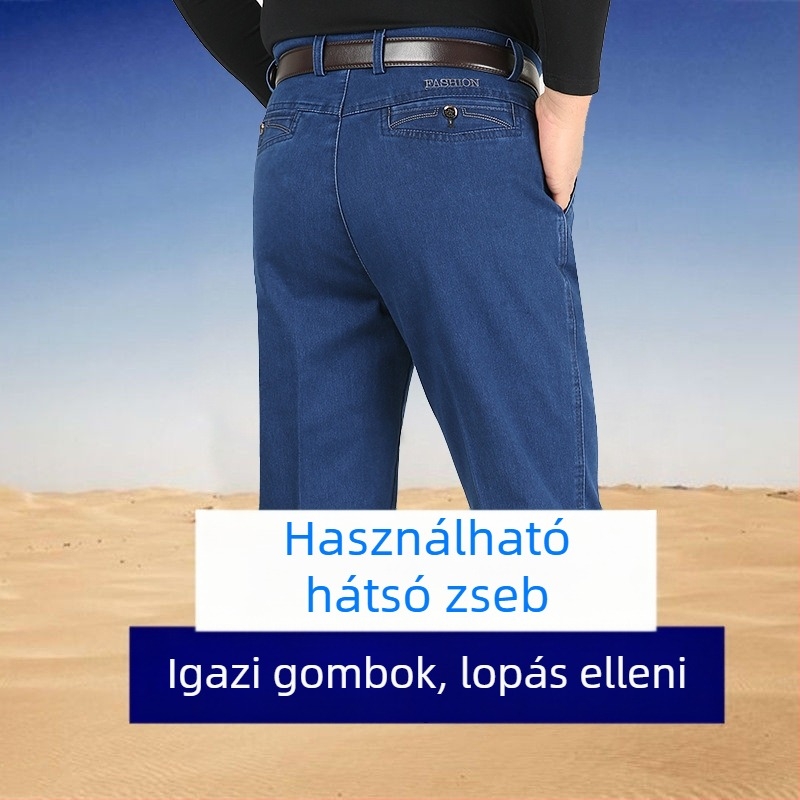 Férfi pamut-elasztikus farmer, magas derék, egyenes szár, több zseb, zipzár