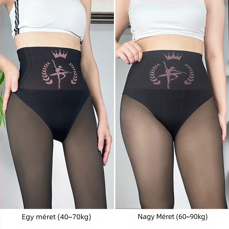 Magas derekú fekete átlátszó harisnyák, egyrétegű, plusz méret, őszi-téli, fleece belsővel