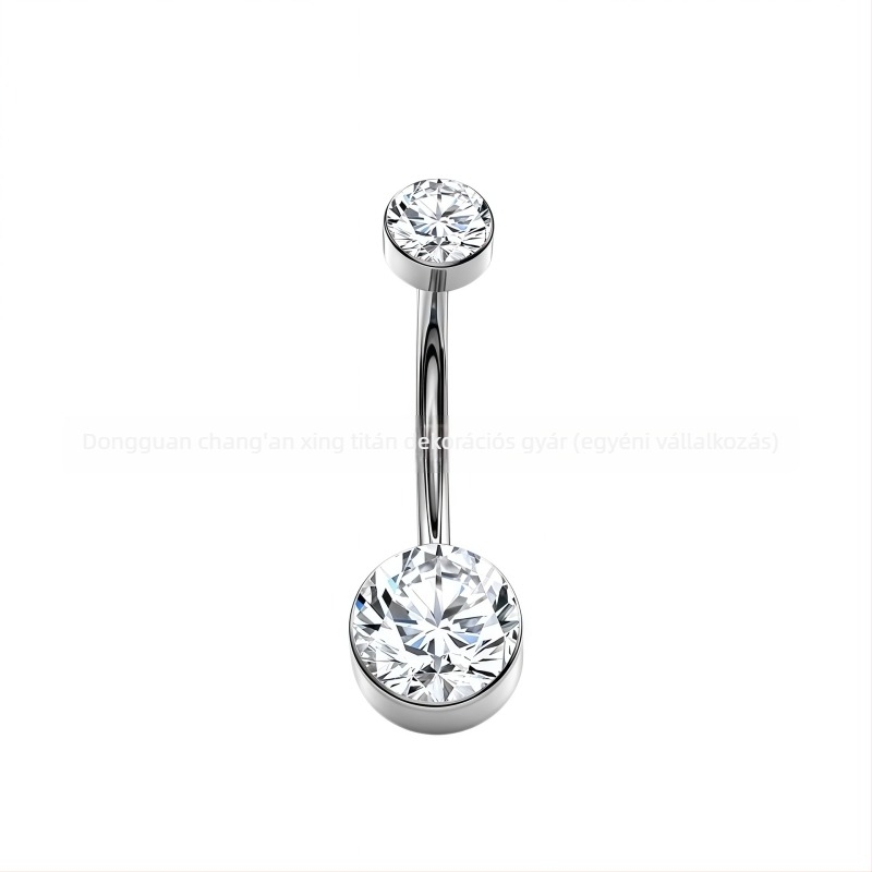 Köldök piercing: hengeres bezel-beállítású cirkón, belső menet, polírozott titánötvözet G23 (ASTM F136)