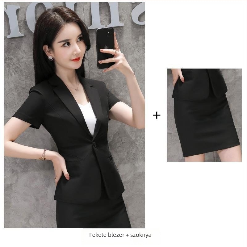 Női nyári kosztüm szett szoknyával – rövid ujjú, irodai stílus, rayon anyag, 2025 tavasz